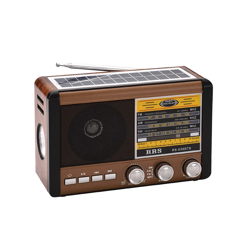rs-658bts Am Fm Sw 3 band radio with torch,charge light,  all-in -one solar panel, usb,tf blueteeth mp3 player