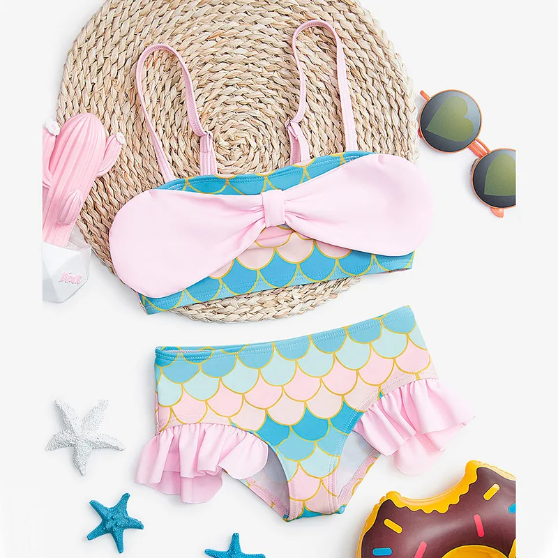 5 7 9 Years Old Big Pink Bowknot Fish Scales Print Kids Girls Bikini Split Swimwear