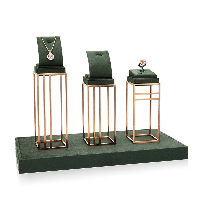 Modern Latest custom-made countertop jewelry display dark green jewelry display  jewelry display showcase set