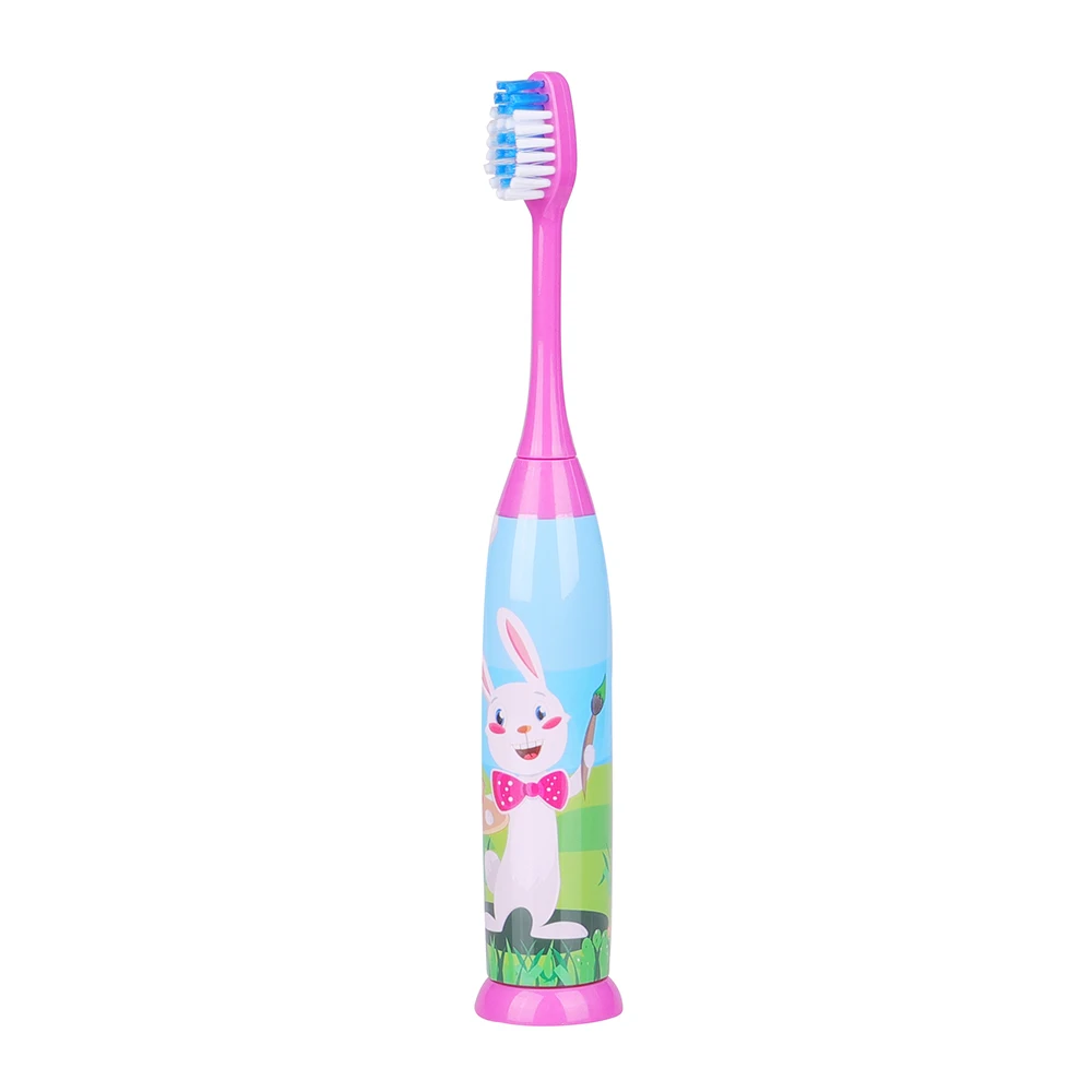 IPX7 Level Cartoon Decorated Slim Handle Soft Polished Bristle Vibrating Children Battery Powered Toothbrush