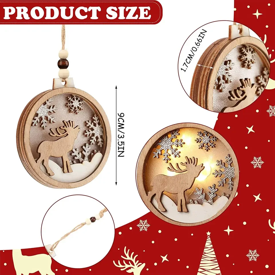 Christmas Hanging Wooden Hollow Fretwork Ornaments round UV Printed Wood Carving Gift Tags and Pendant Circle Laser Cutting