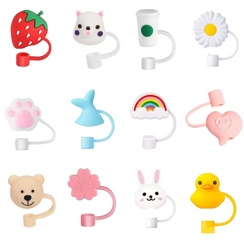 Straw Covers 8mm Lovely 3D Custom Drinking Straw Charms Dust Proof Straw Toppers for Cups Hot Sale PVC 1 Piece Silicone Opp Bag