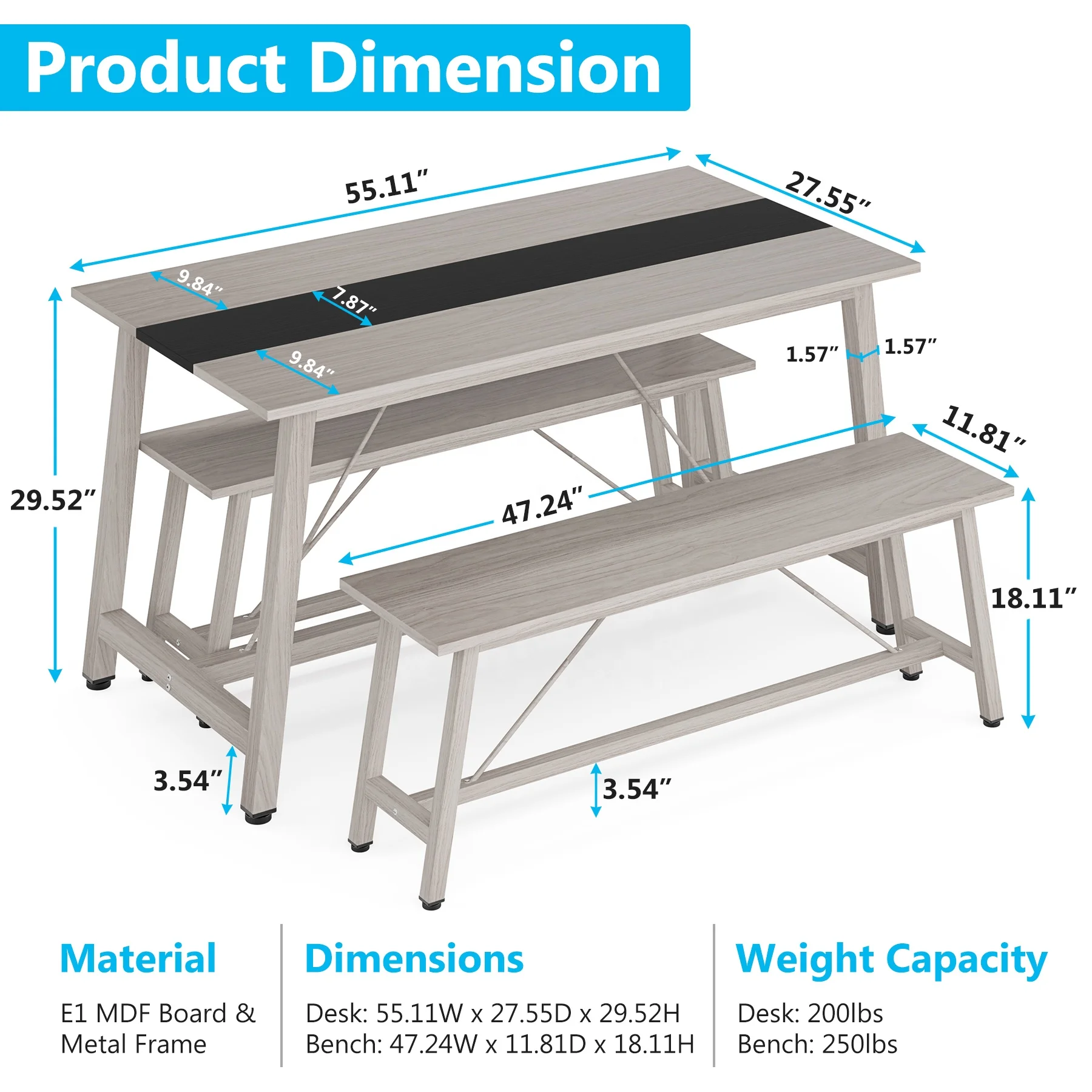 Tribesigns Extendable Modern Wooden Kitchen table set with two benches outdoor patio rectangular dining table set for 6