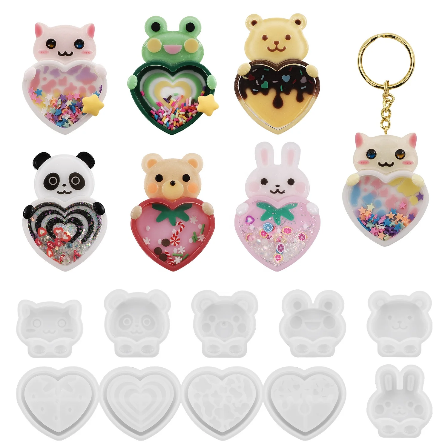 DM852 Animal Cat Rabbit Bear Frog Quicksand Box Epoxy Resin Silicone Mold Love Shaker Bottle Keychain Pendant Jewelry Mould