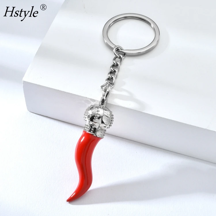 Red Horn with Silver Chain Keychain - Key Rings & Fobs Chili Pepper Charm for Rear View Mirror Handbag Pendant Decoration HS1595
