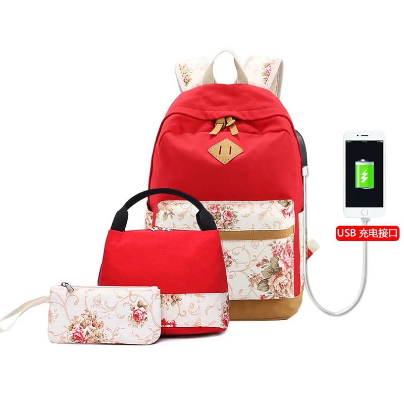 New 3pcs/Set Girl Backpack Custom Print Leisure Canvas Schoolbag Travel Backpack with usb charging