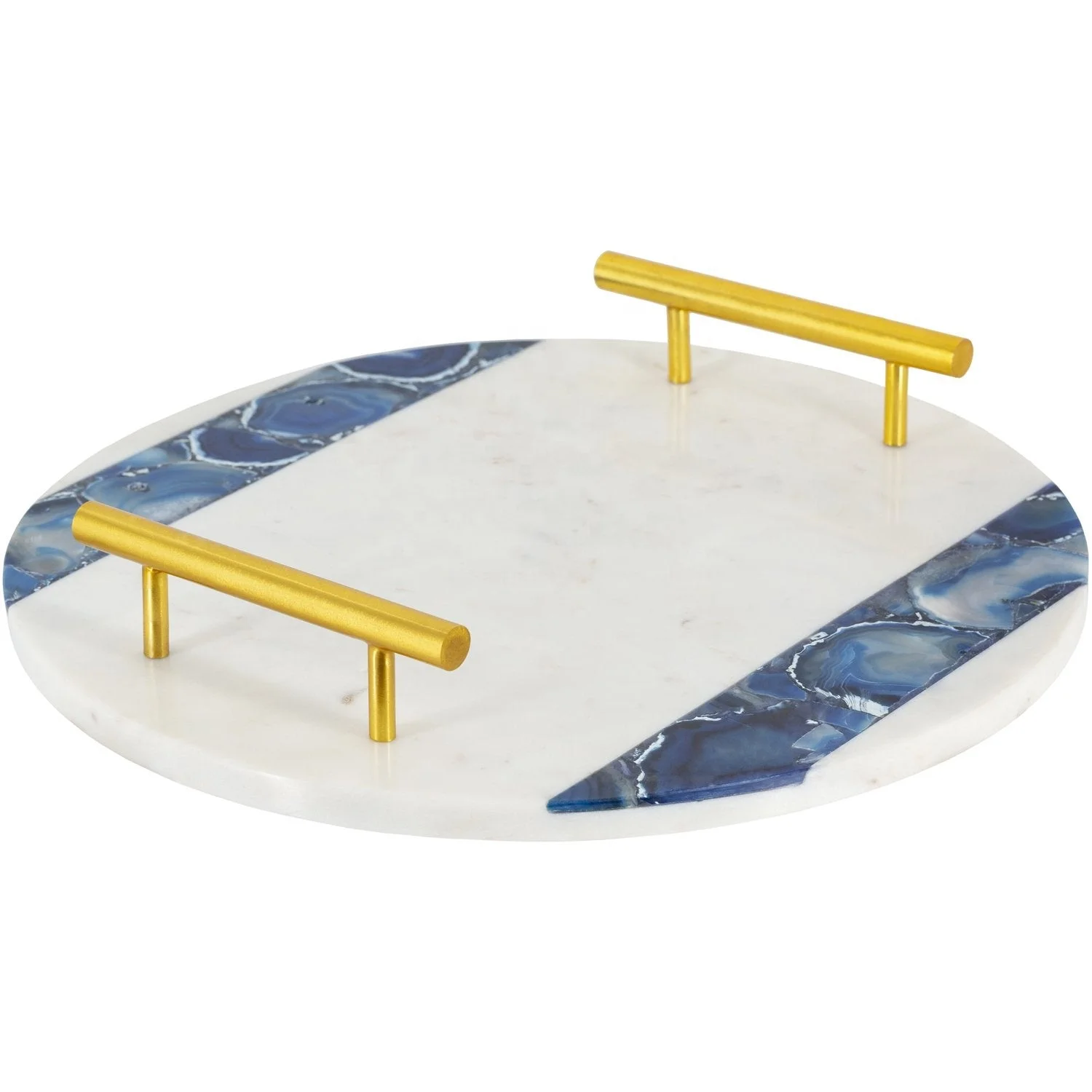 D35cm Creative Round splicing marble and onyx resin serving tray with gold handle