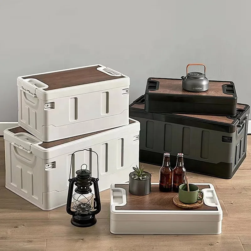 Plastic Picnic Storage Folding Camping Box Car Trunk Organizer Box with Wood lid