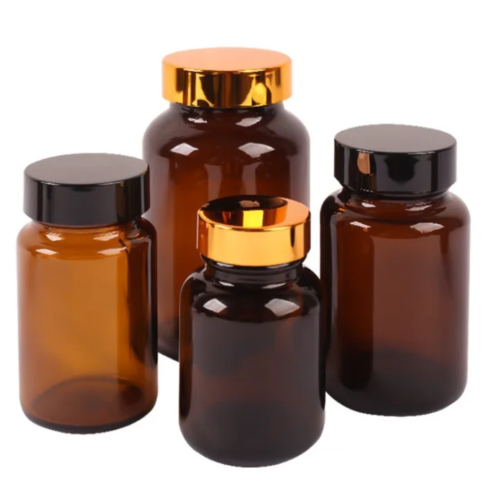 Amber Empty Medical Glass Apothecary Pharmaceutical Pill Bottle With Wide Mouth Screw Cap