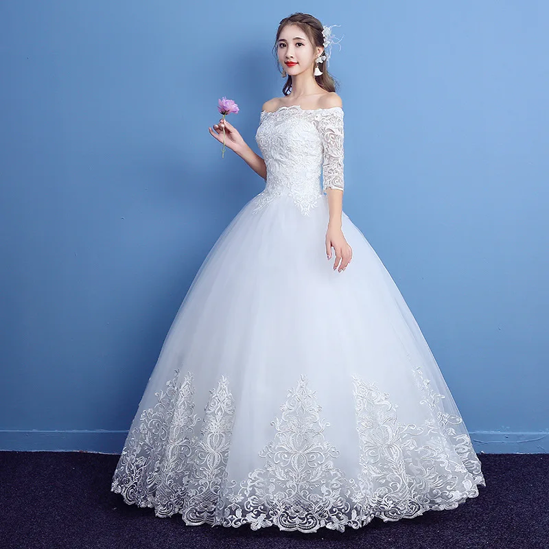 XMN  Wholesale Korea Style Luxury Lace Half Sleeve Off shoulder Bridal Wedding Dress/Gown with long train