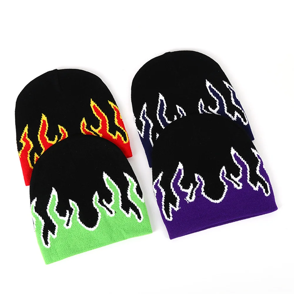 Good Price Colorful Knittd Beanie Winter Hat Designer Flame Pattern Logo beanie Custom Cuffless Jacquard Unisex Beanie With Logo