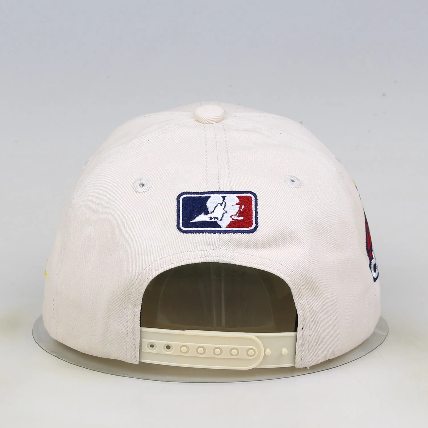 6 Panel 3D Embroidery Beige Baseball Cap Black Curved Brim Snap Back Hats With Custom Logo