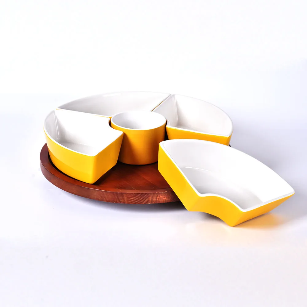 Wholesale 5 Compartment Dessert Snack Chip and Dip Server Fruit Platter Ceramic Divided serving tray