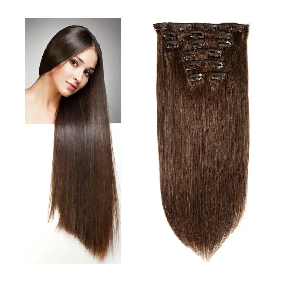 
Kbeth #2 Color Dark Brown Brazilian Real Hair Clips on Extension Straight Hair Extensions Clip in Double Weft Clip in Human Hair 