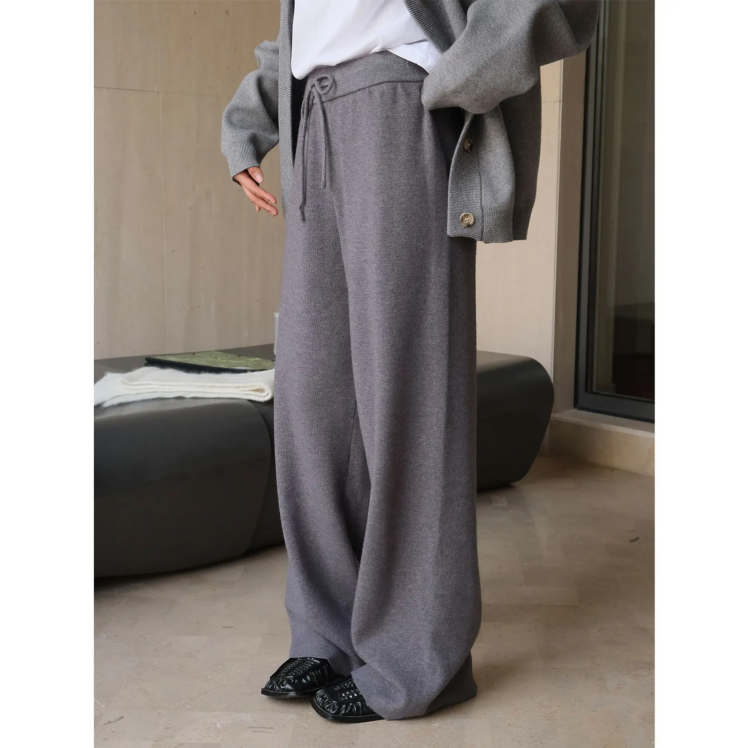 Autumn Winter New Korean Lazy Straight Knitted Pants Wide Legs Soft Comfortable Breathable Drawstring Flat Floor Dragging Look