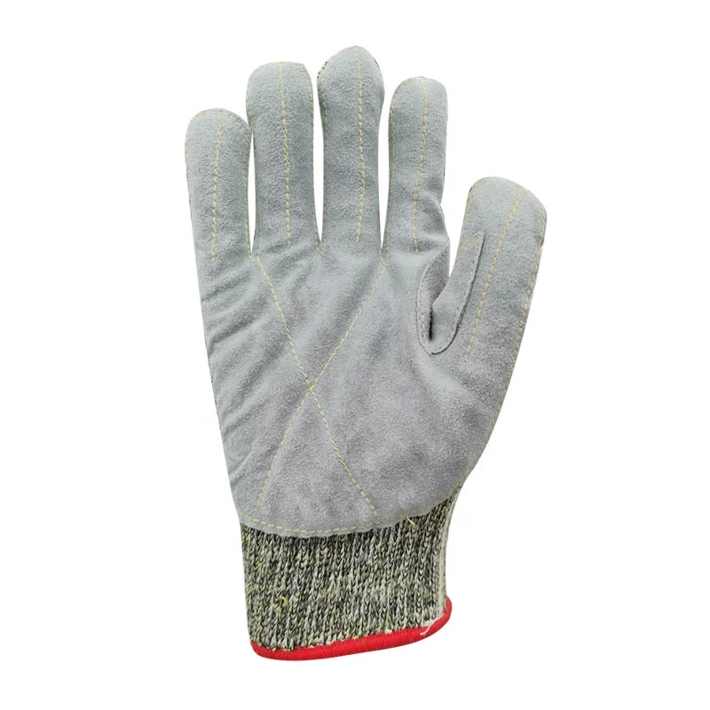 ANSI A5 Cut resistant Aramid Steel Knit Glove With Leather palm Safety Work Gloves