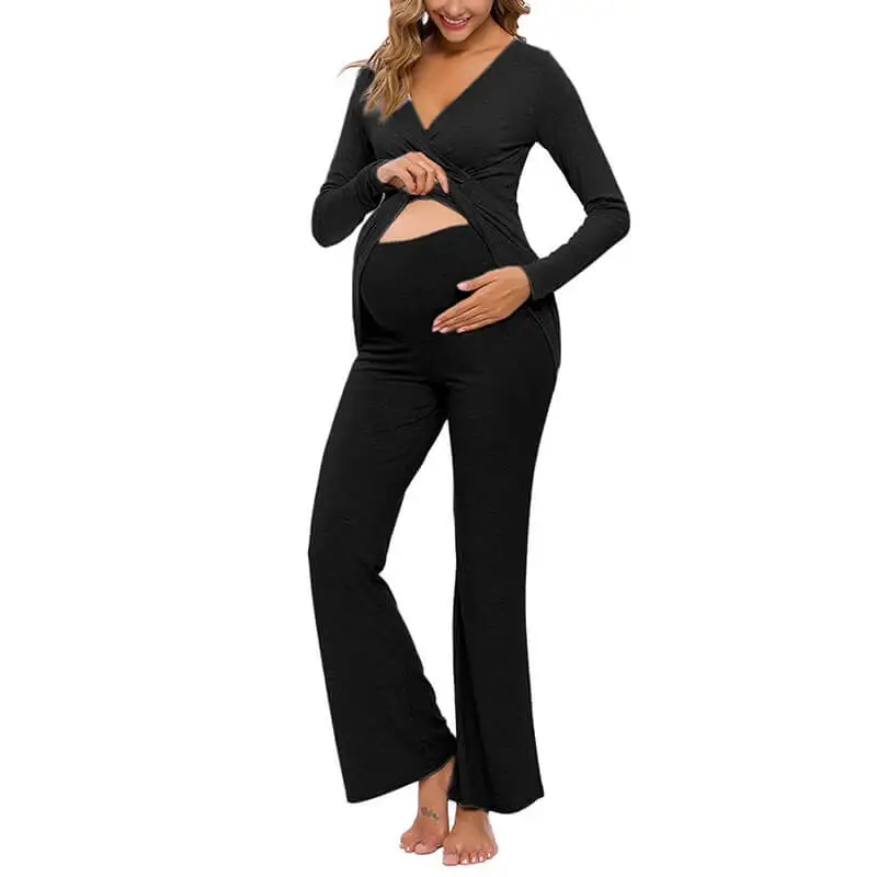 
Fashionable Maternity And Feeding Mum Cotton Cozy Spring V Neck Plain Full Long-Sleeve Basic Nursing Shirt Pregnancy Pants Set 