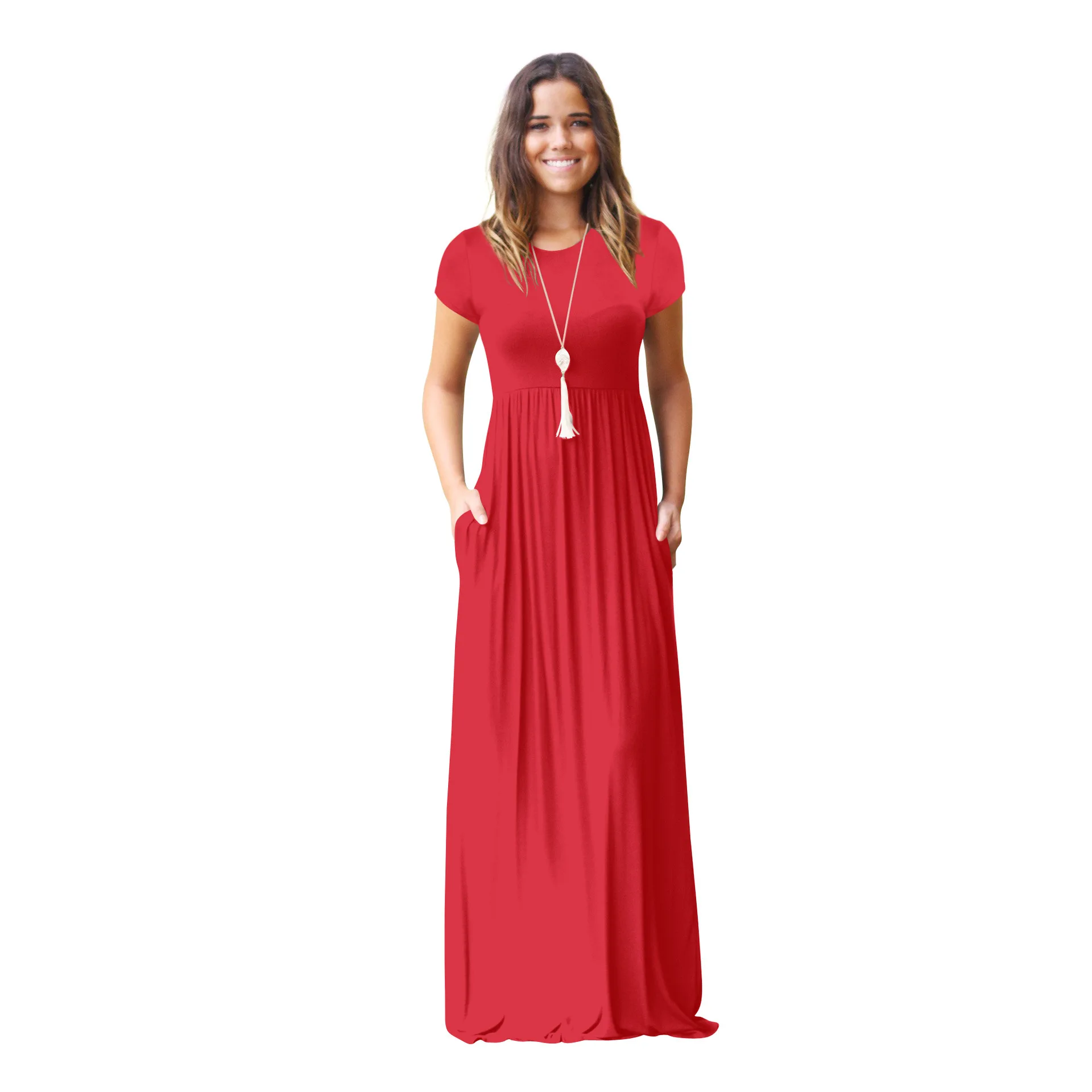 Allure Women Short Sleeve Loose Swing Plain Long Maxi Casual Dress With Pockets