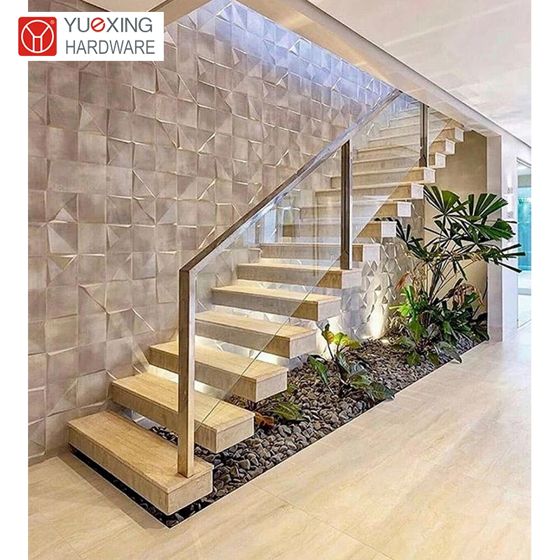 Modern Glass Step Floating Staircase High Quality Indoor Wood Tread Cantilever Stairs