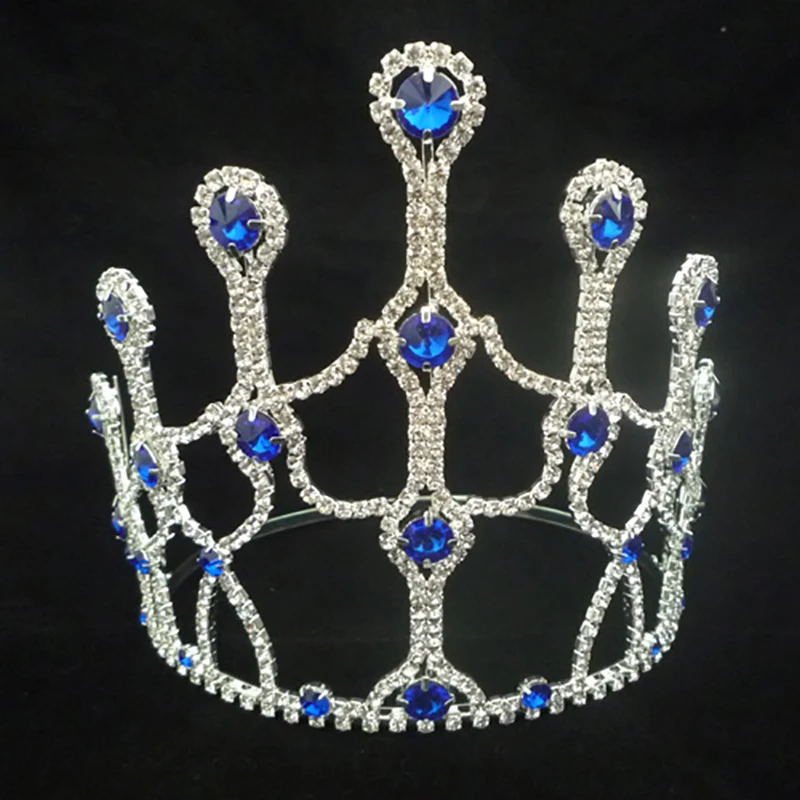 Wholesale Queen Princess Tiara Blue and Clear Rhinestones Crystal Handmade Crown Bridal Prom Pageant Party Costumes