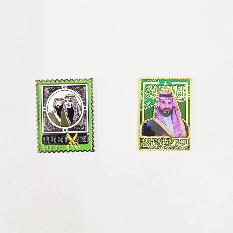 Customized Saudi Arabia King Prince Salman Souvenir Pin UAE Sheikh KSA Phone 3M Sticker Shiny Gold Flag Epoxy Lapel Pins Badge