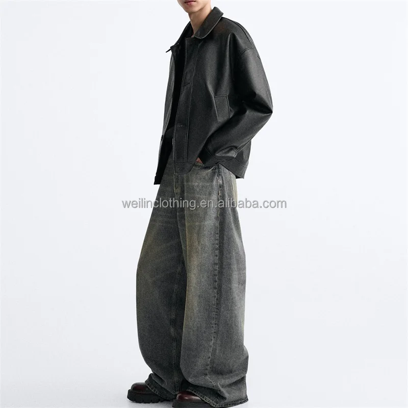 Custom lapel shirt collar overshirt plain blank black Button leather jacket for men