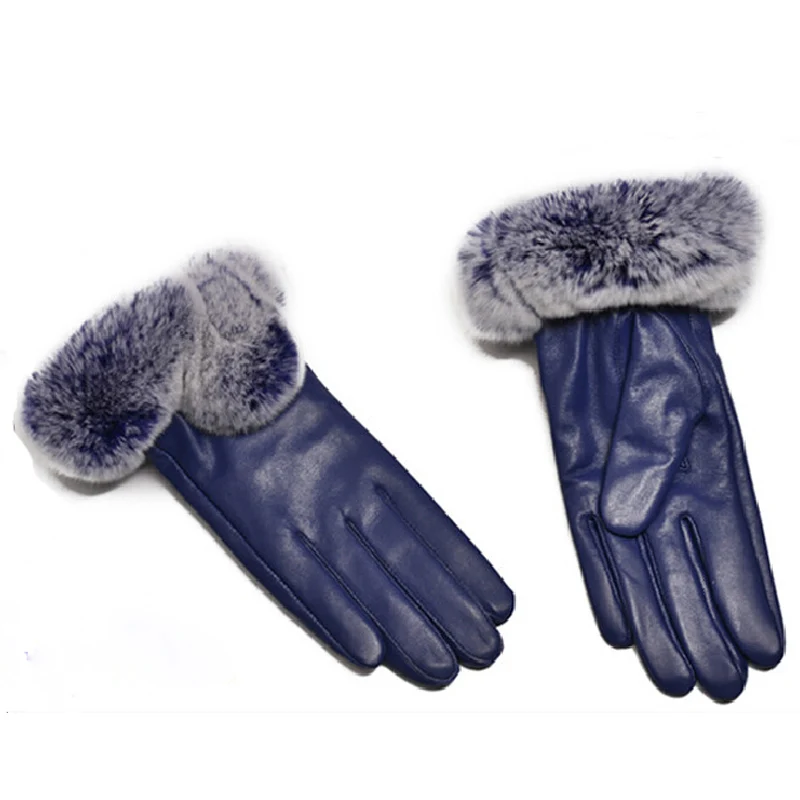 Оптовая продажа Высококачественная женская кожаная варежка с натуральным мехом кролика рекс