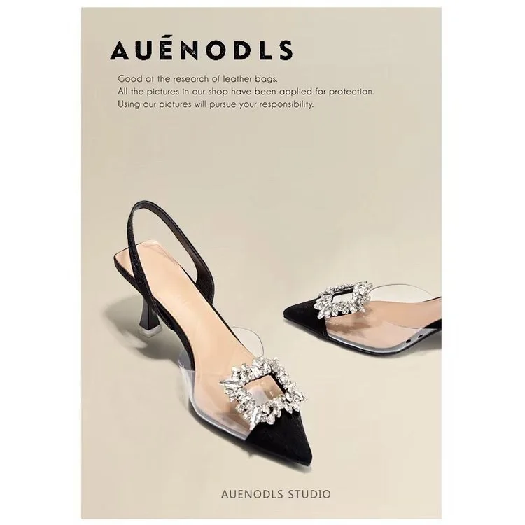 Naked Apricot Transparent Square Buckle Back Hollow Thin Heel Sandals Career Interview Pointed High Heel Single Shoe Girl