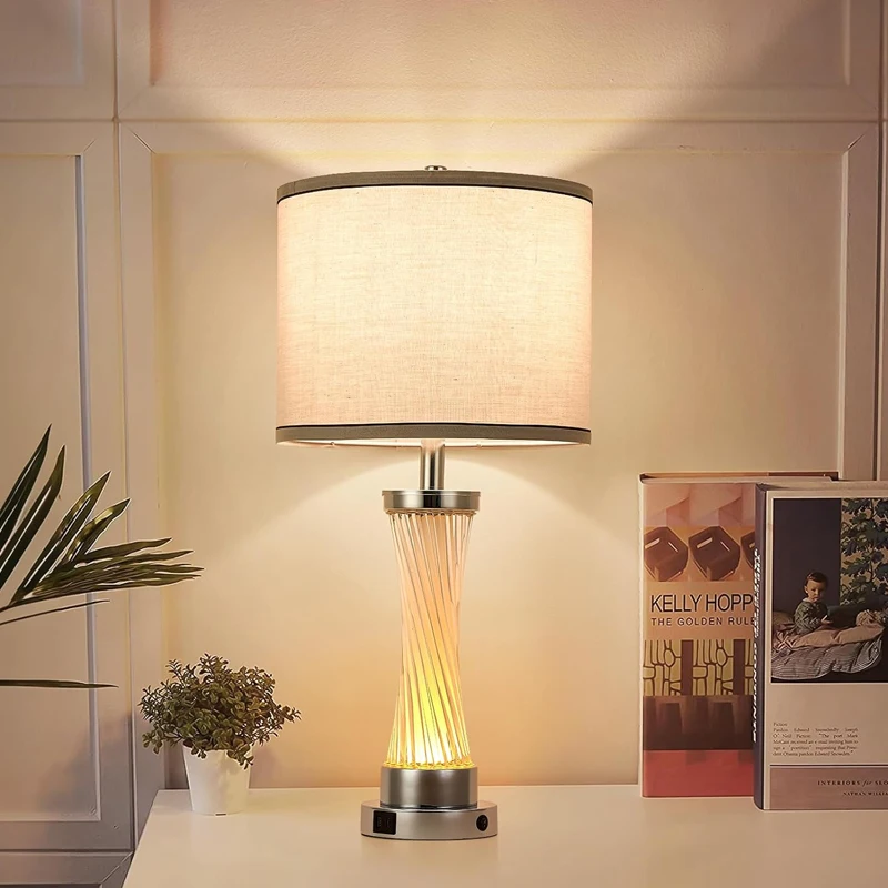 Modern Crystal Table Lamp 2-Piece Set 3-Way Dimmable Touch Control USB A+C Port Fabric Lampshade Bedroom Living Room Bedside