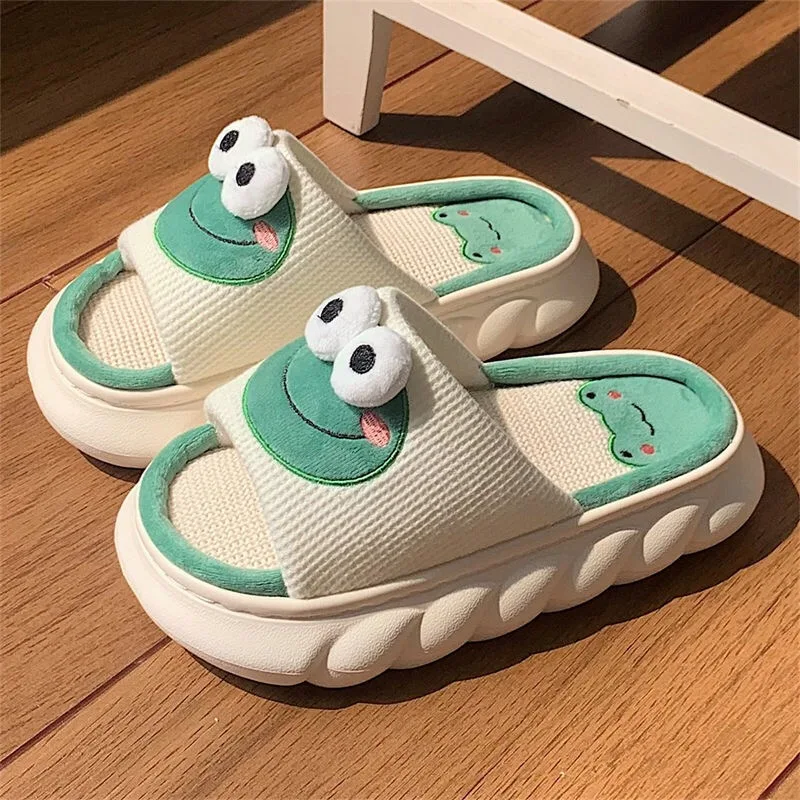 Lovely frog linen slippers women couples non slip thick soled home slipper
