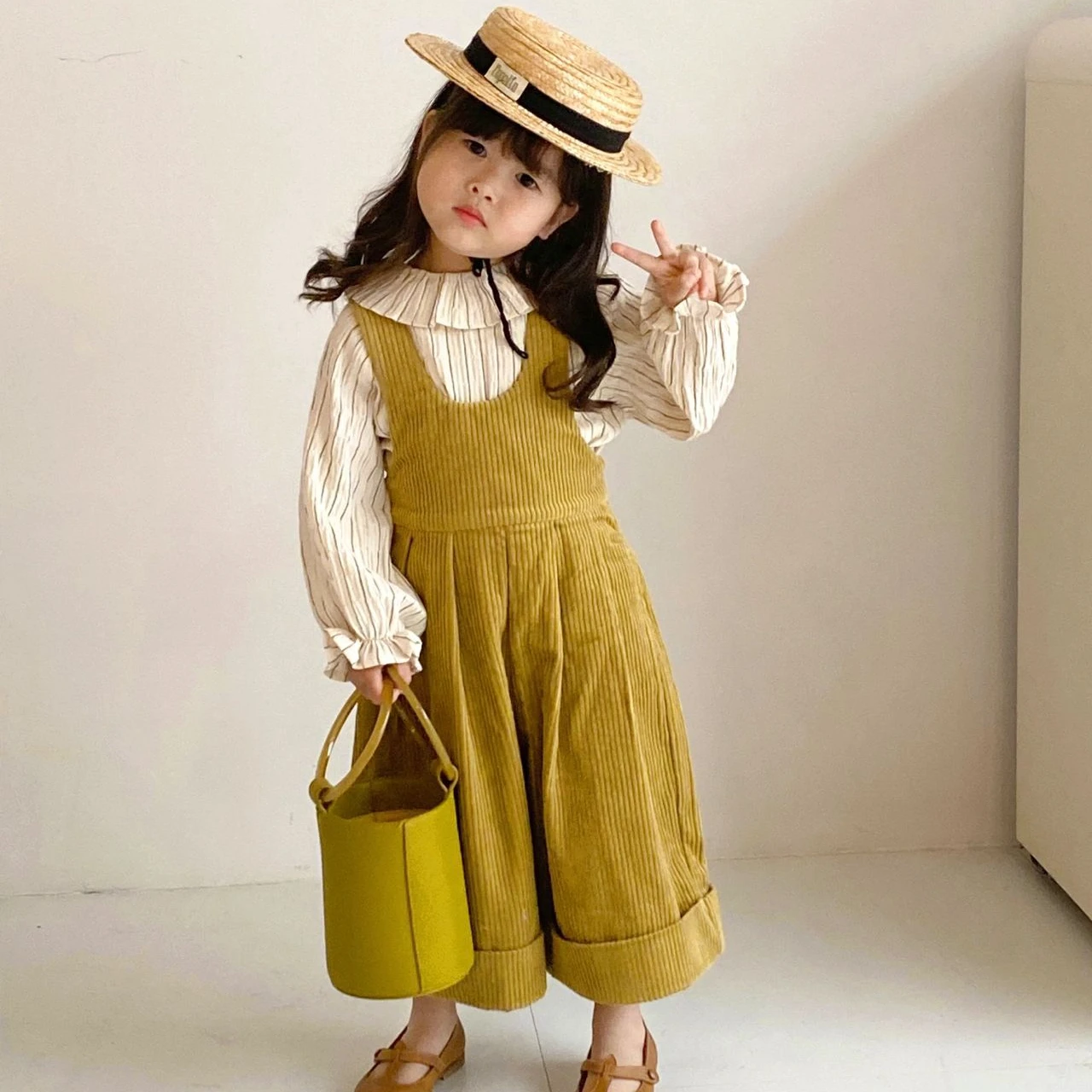 new arrival Korean design infant toddler girls corduroy overall pants child kids striped blouse clothing wholesale 2011