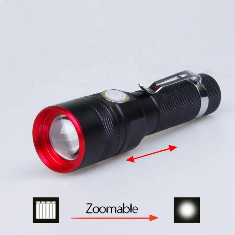 Popular 3 Modes Zoomable Aluminium T6 USB Rechargeable Led Tactical Flashlight With Clip