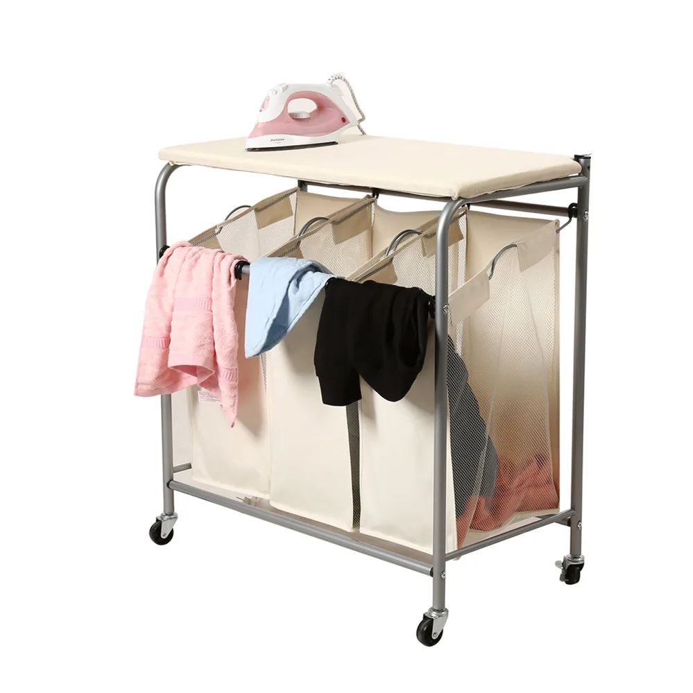 Portable with Iron Board Top Laundry Hamper Rolling 3 Bags 4 Wheels Storage Basket