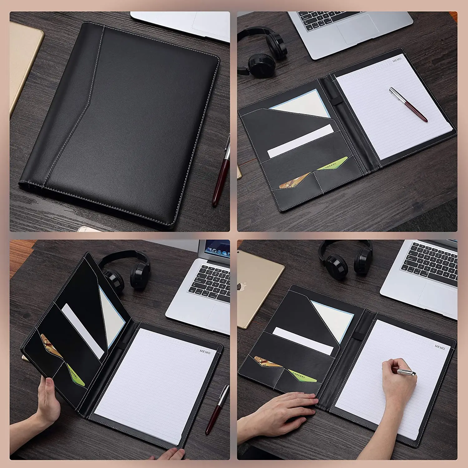 Padfolio Portfolio Leather Binder Interview Legal Document Organizer, Business Card Holder Included Letter Sized Writing Pad