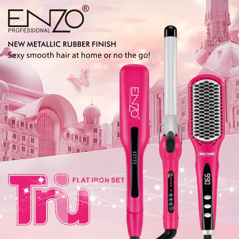 ENZO 3 in 1 Hot Comb Hair Straightener electric Hot comb for wigs brush flat iron hair curler styling tools
