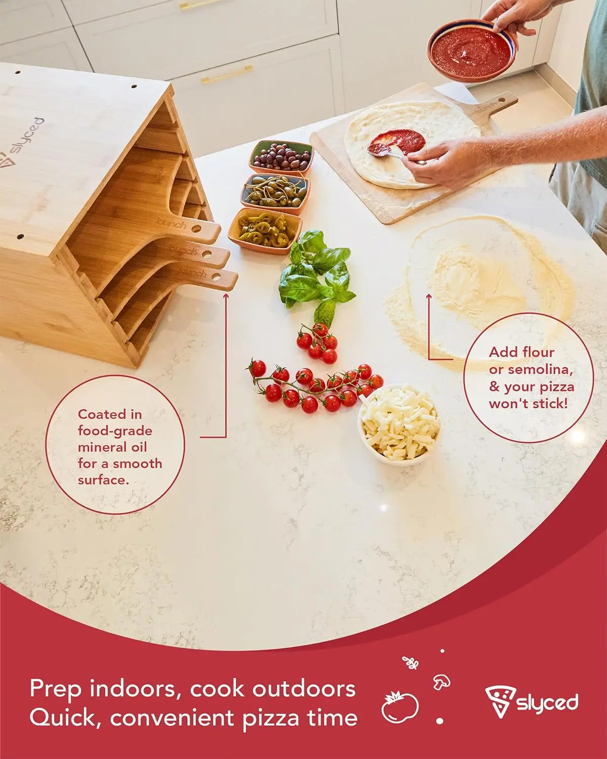 Wood Pizza Peel Rack | Includes 4 x 12 Inch Non-Stick Bamboo Pizza Boards Real Wood Pizza Paddle Stand Innovative Design