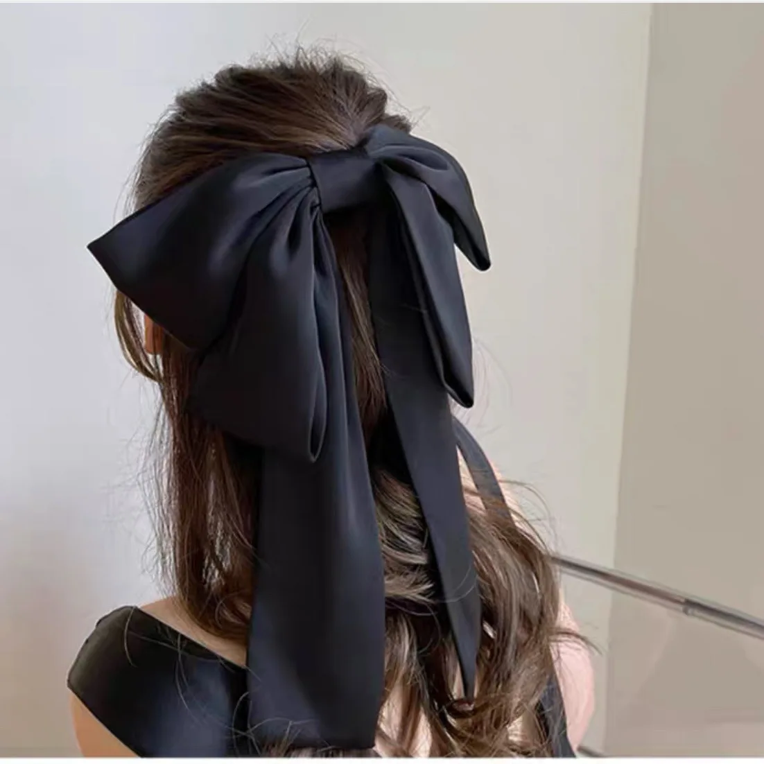 Top-Ranked Silky Satin Hair Accessories Spring Summer Long Tail Bows Clip Hairpin Composed  Alloy Ribbon Fabric and Metal