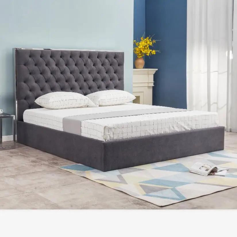 Роскошная королевская кровать для спальни Роскошная королевская тканевая кровать серый тканевый изголовье для кровати большого размера