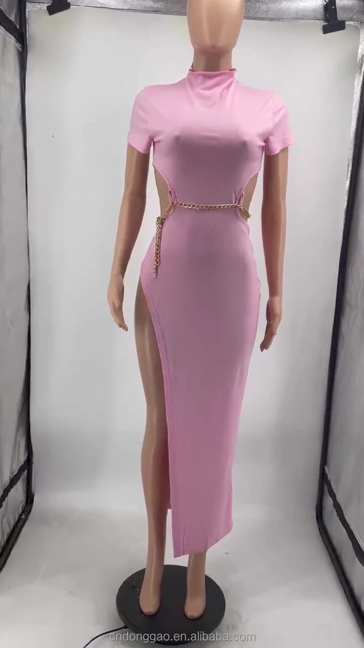 Wholesale Casual Pure Color Short Sleeve High Slit Chains Belted Maxi Dress Elegant Summer Dresses Women