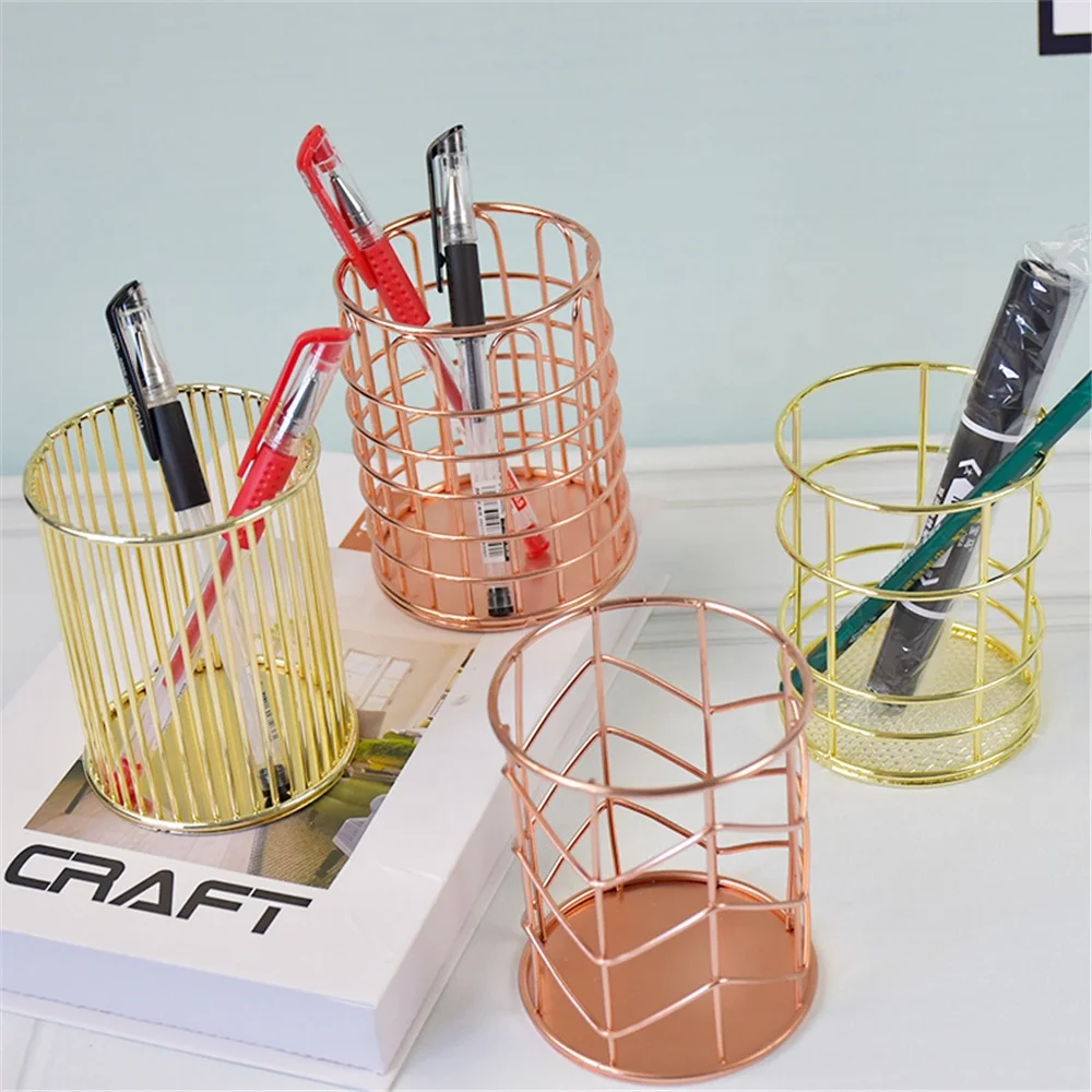 Rose Gold Pen Holder Cup for Home Office Desk Organizers Steel Wire Round Pencil Pot Flower Vase Makeup Brushes Storage Organize