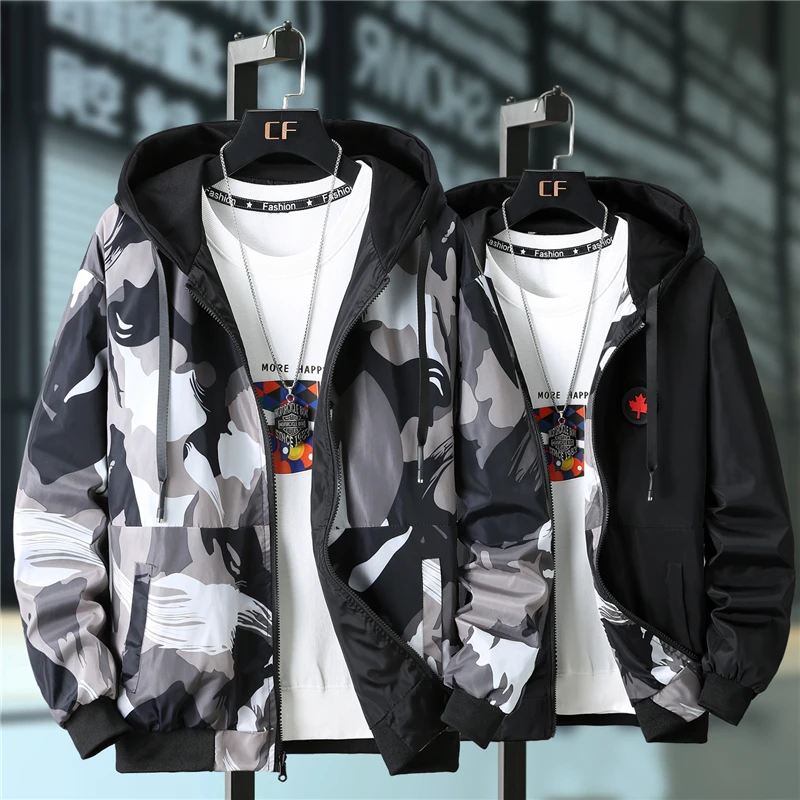 
2021 Spring Fashion Printing Mens Jacket Reversible Plus size Jacket with Hood 
