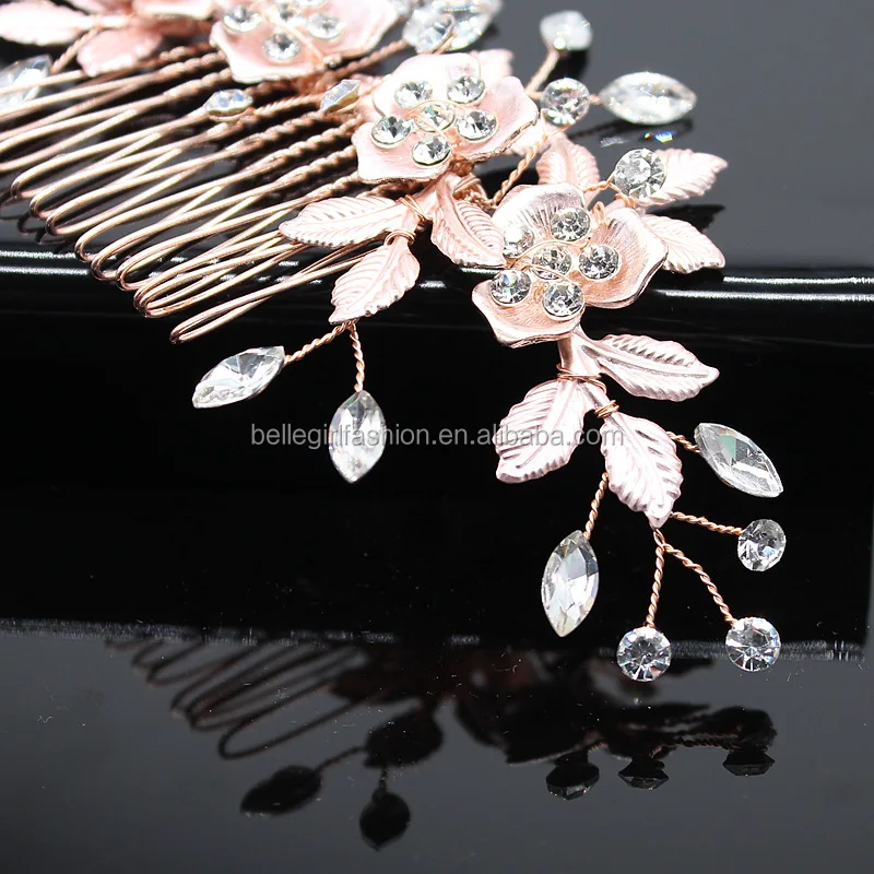 Wedding bridal jewelry set Tiara luxury 3 pcs gold color metal leaves 4 flowers rhinestones U shape hair pins and hair combs set