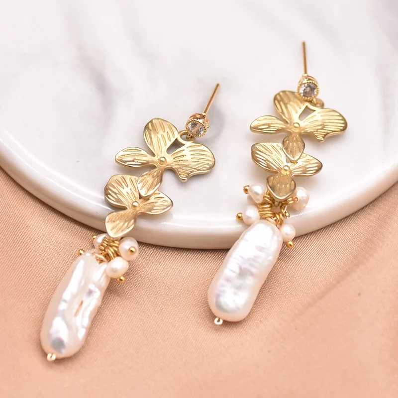 Ladies Vintage Pearl & Leaf Gold-Plated Copper Earrings - Bohemian Jewelry