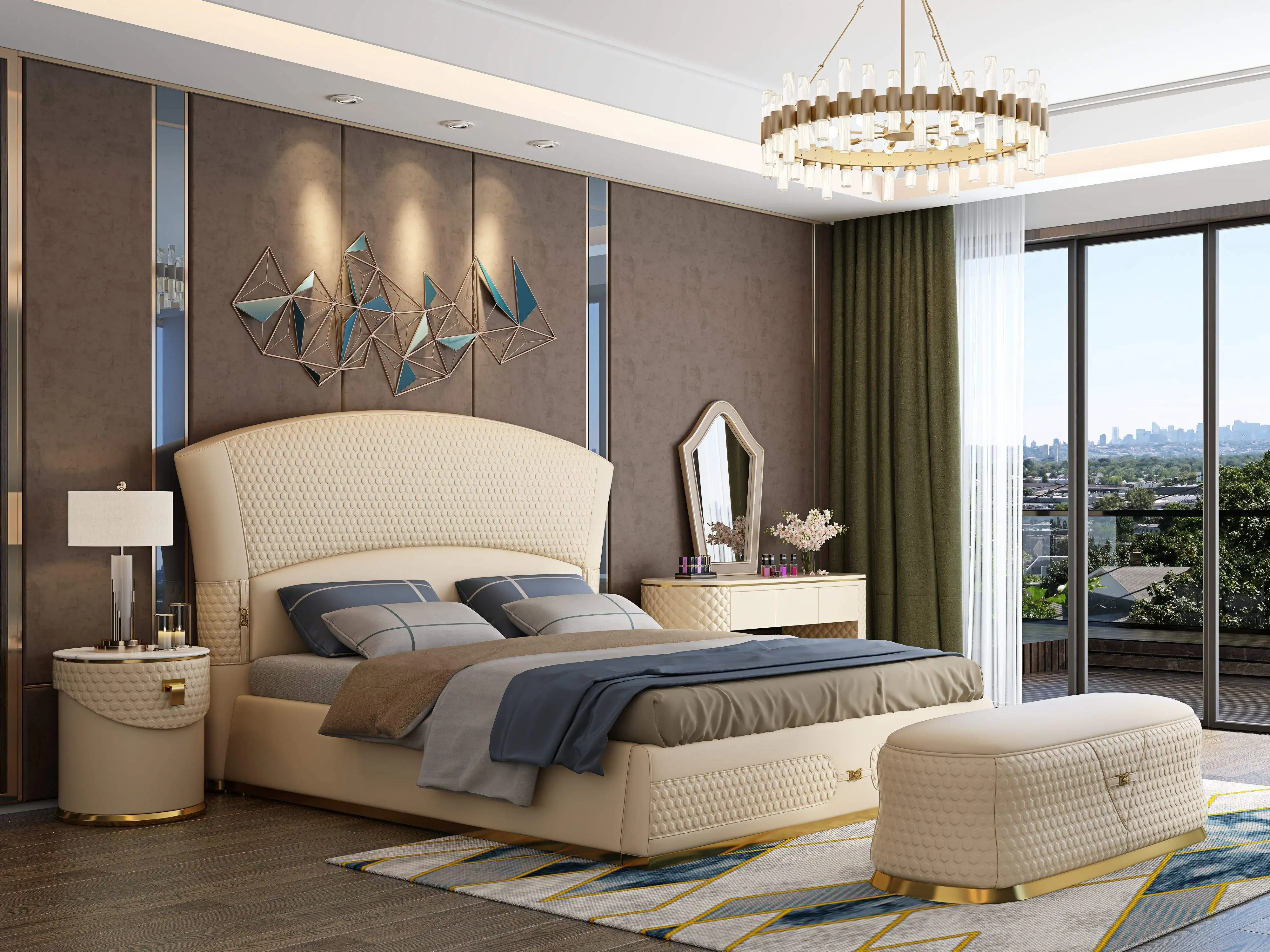 Furnistyle Luxury Big Headboard Double King Size Bed With Pu Leather Modern Style Soft Leather Storage Bed