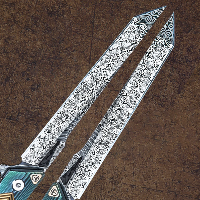 Premium Sweden Powder Damascus Steel Slim Pen Tanto Point TC4 Titanium Alloy Handle Pocket Knife with Clip And Leather Sheath