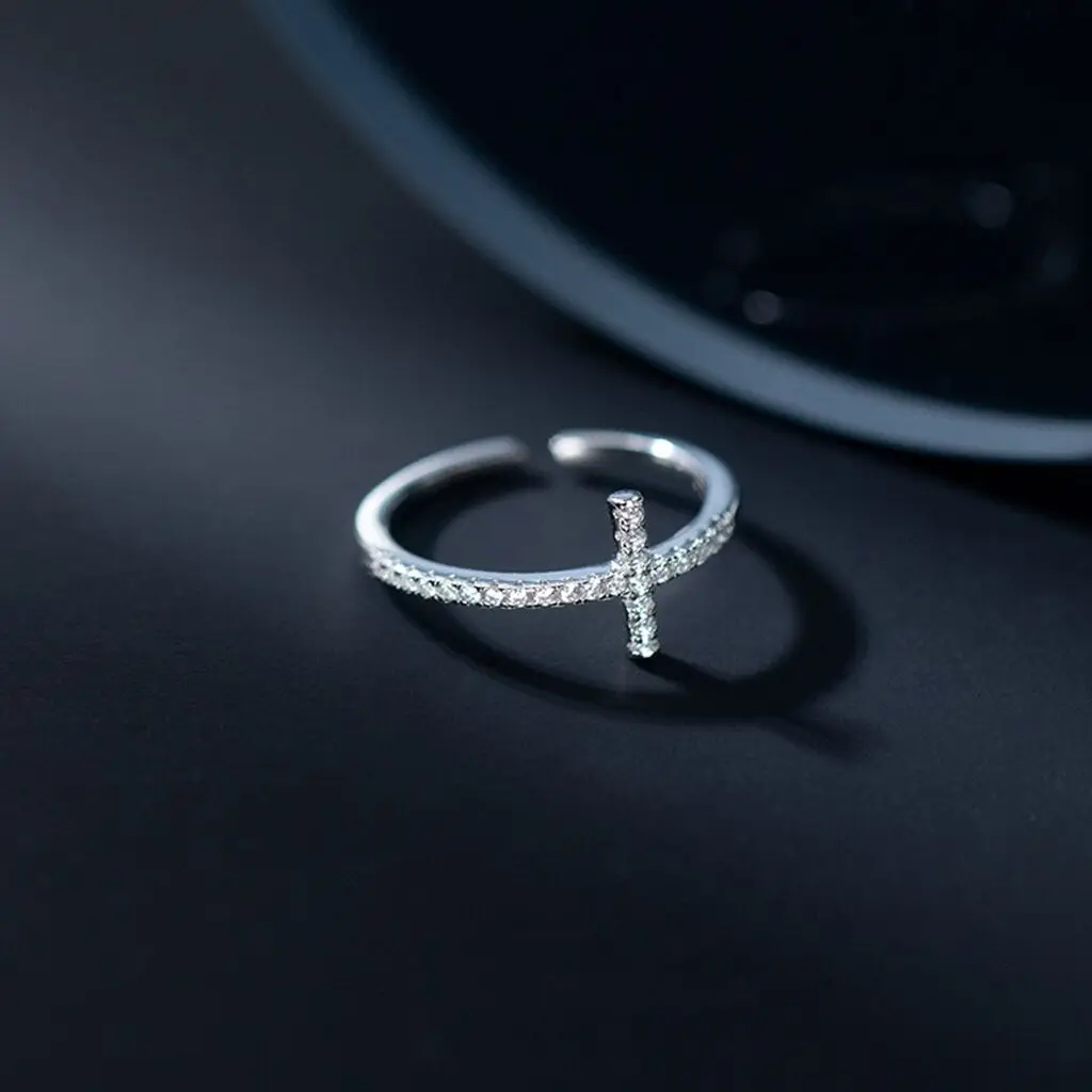 Wholesale Dainty Jewelry Adjustable Rings Thin Cross Rings Real Solid 925 Sterling Silver CZ Zirconia Cross Ring