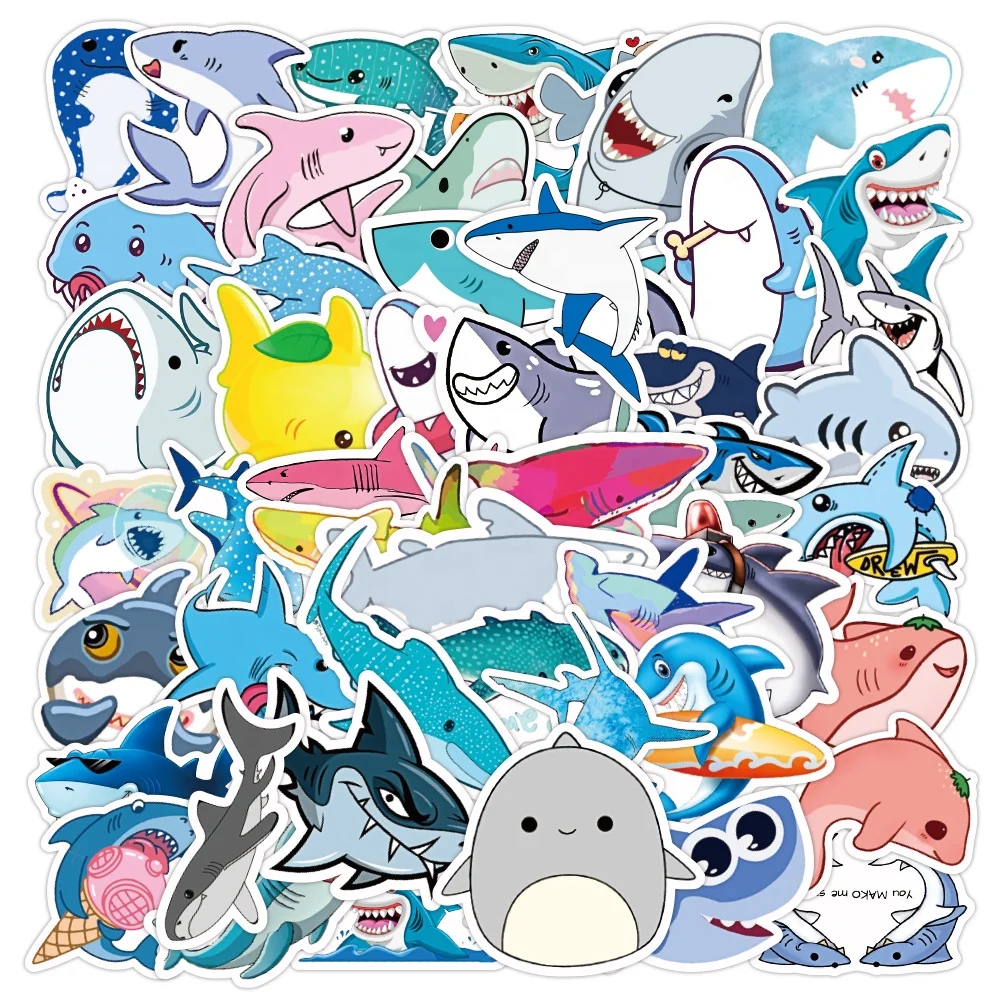 50 pieces of marine life cartoon shark water bottle stickers vinyl skateboard laptop custom waterproof pvc sea animal stickers