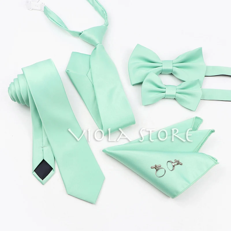 6 PCS Top Hot Color Green Pink Blue Polyester Solid 6cm Tie Set Men Kids Wedding Bowtie Hankie Party Gift Cravat Shirt Accessory