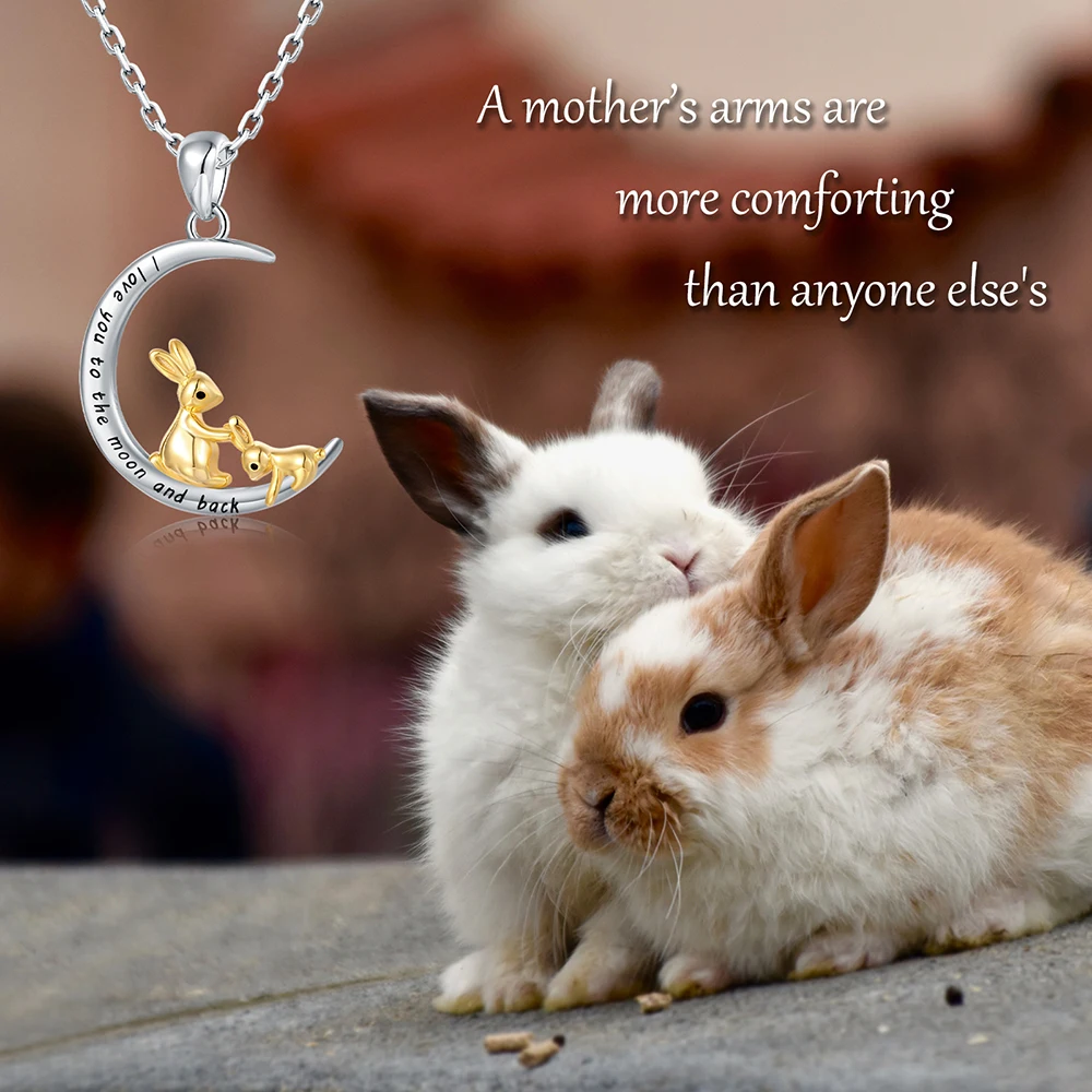 925 Sterling Silver I Love You to The Moon and Back Necklace Double Bunny Rabbit Necklace Jewelry Gifts for Women Mom Daughter