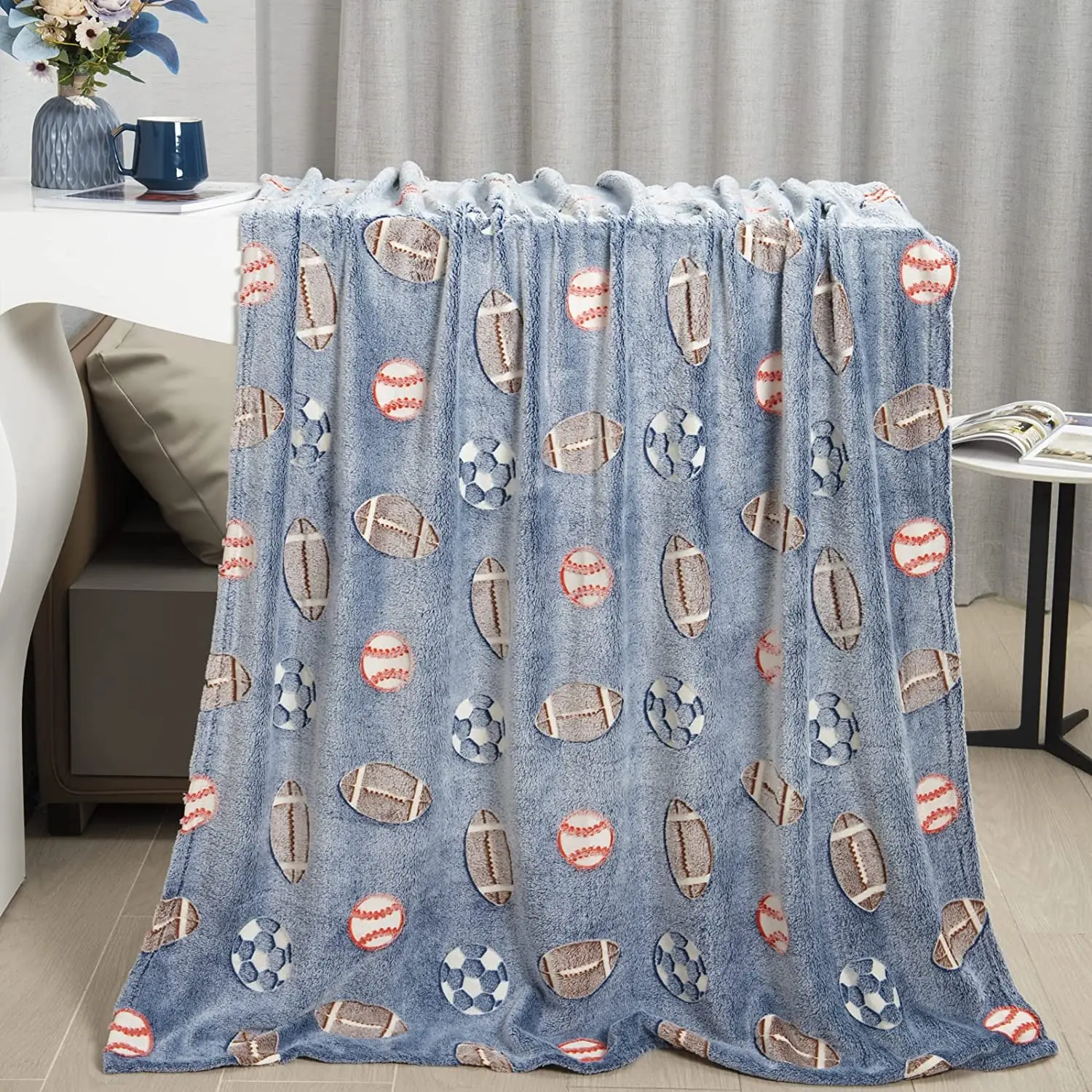Glow in Dark Throw Blanket Luminous Football Blanket For Boys Cozy Fleece Soft Plush Kids Flannel Blanket